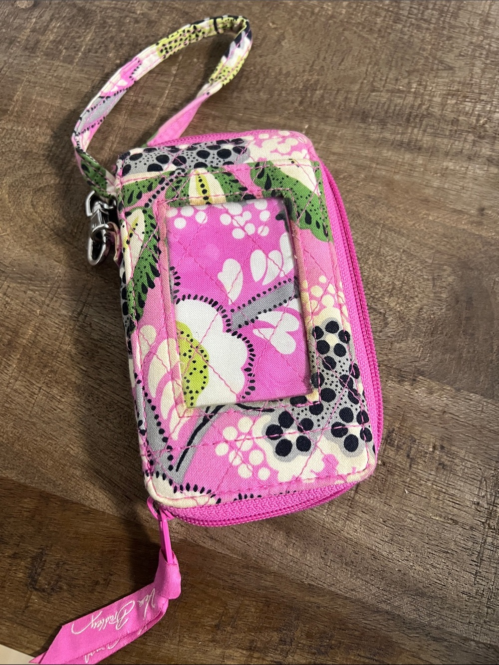 Vera Bradley Pink Floral Wristlet Card Case with ID Window and Wrist Strap